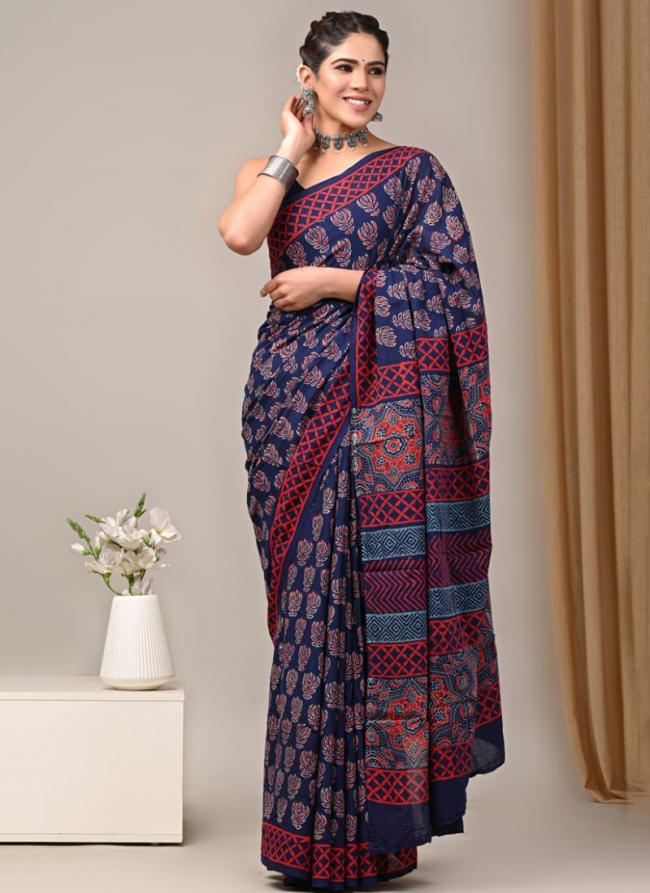 Cotton Blue Casual Wear Printed Saree